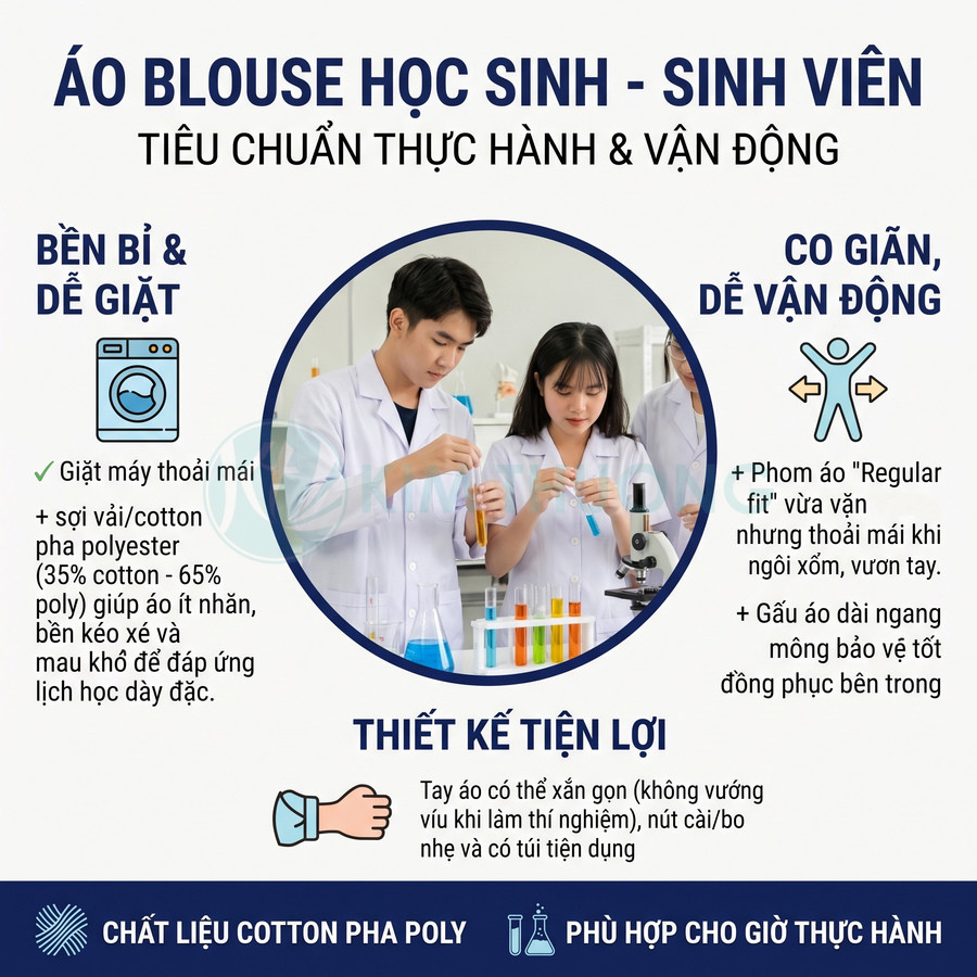 Áo blouse trắng học sinh sinh viên chất liệu cotton pha poly, thiết kế co giãn tiện lợi cho giờ thực hành labo