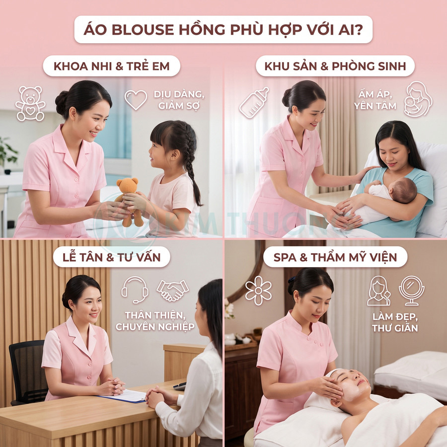 Nhân viên nữ mặc áo blouse hồng làm việc tại khoa nhi, phòng sinh, lễ tân và spa chăm sóc khách hàng