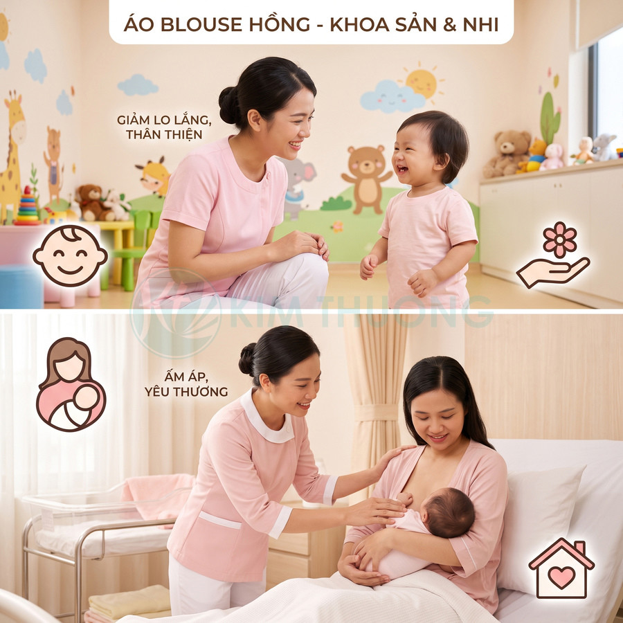 Áo blouse hồng cho điều dưỡng khoa sản nhi, chăm sóc mẹ và bé trong không gian ấm áp thân thiện