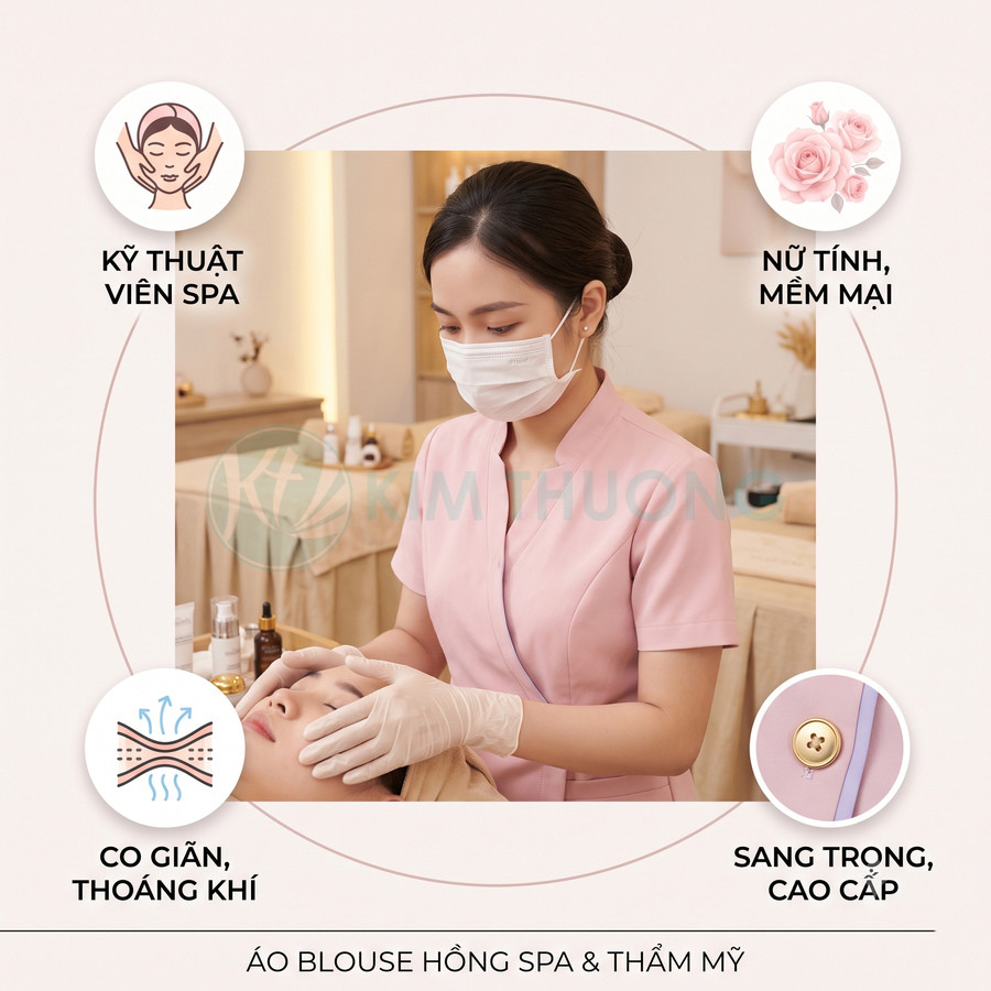 Kỹ thuật viên spa mặc áo blouse hồng co giãn thoáng khí, sang trọng khi chăm sóc da cho khách hàng