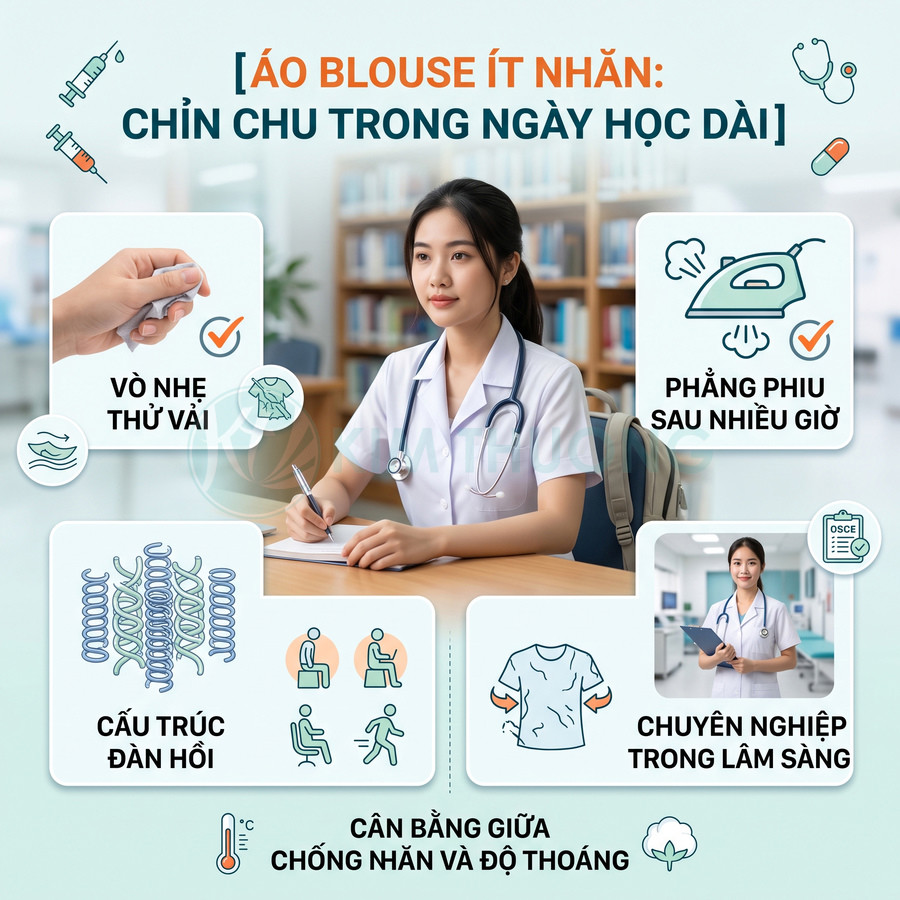 Áo blouse y khoa ít nhăn cho sinh viên, chất vải đàn hồi, phẳng phiu lâu, thoáng mát và chuyên nghiệp trong lâm sàng