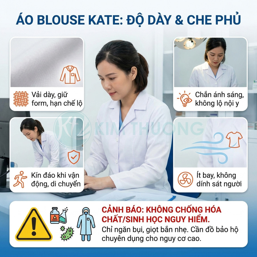 Áo blouse Kate màu trắng, vải dày, kín đáo và ít bay khi di chuyển.