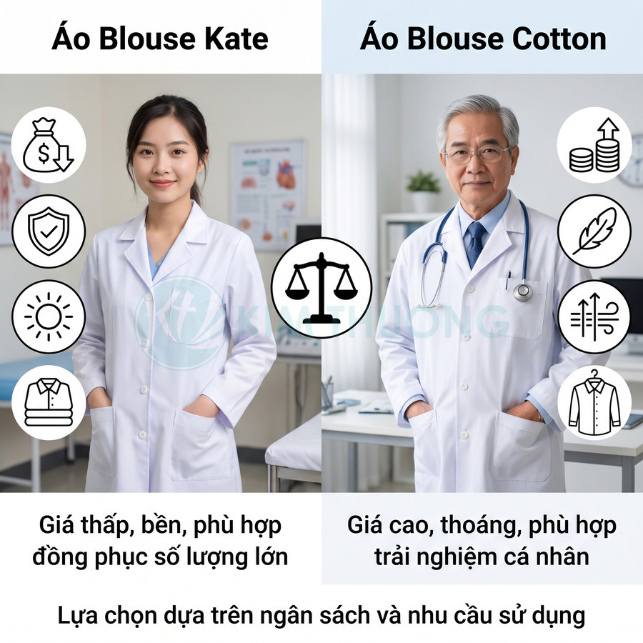 So sánh áo blouse Kate giá thấp, bền với áo blouse cotton thoáng, phù hợp trải nghiệm cá nhân và đồng phục y tế.