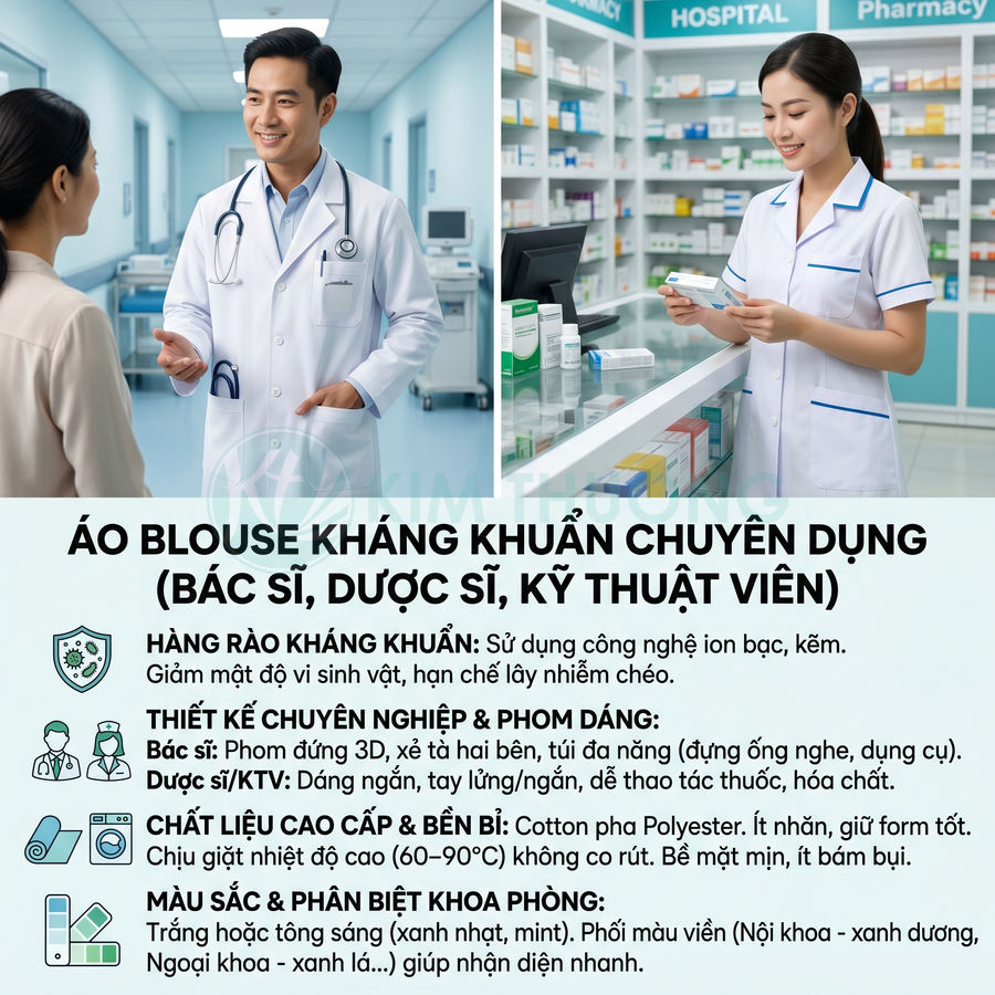 Áo blouse kháng khuẩn cho bác sĩ và dược sĩ, chất liệu cotton pha polyester, thiết kế chuyên dụng trong bệnh viện