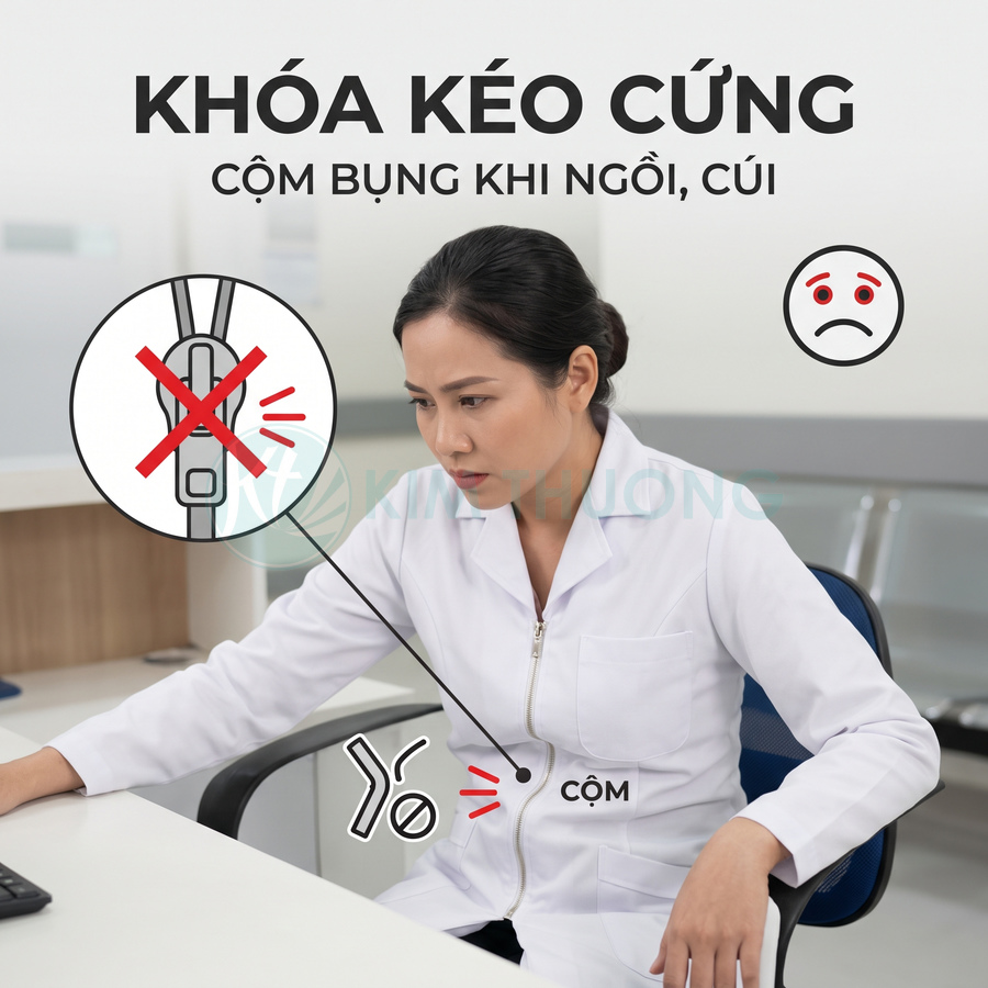 Áo blouse bác sĩ khóa kéo cứng gây cộm bụng khi ngồi làm việc tại bàn