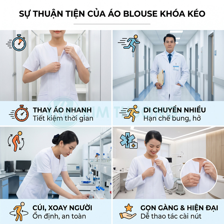 Áo blouse y tế khóa kéo màu trắng cho bác sĩ, điều dưỡng, thiết kế gọn gàng tiện di chuyển và thao tác