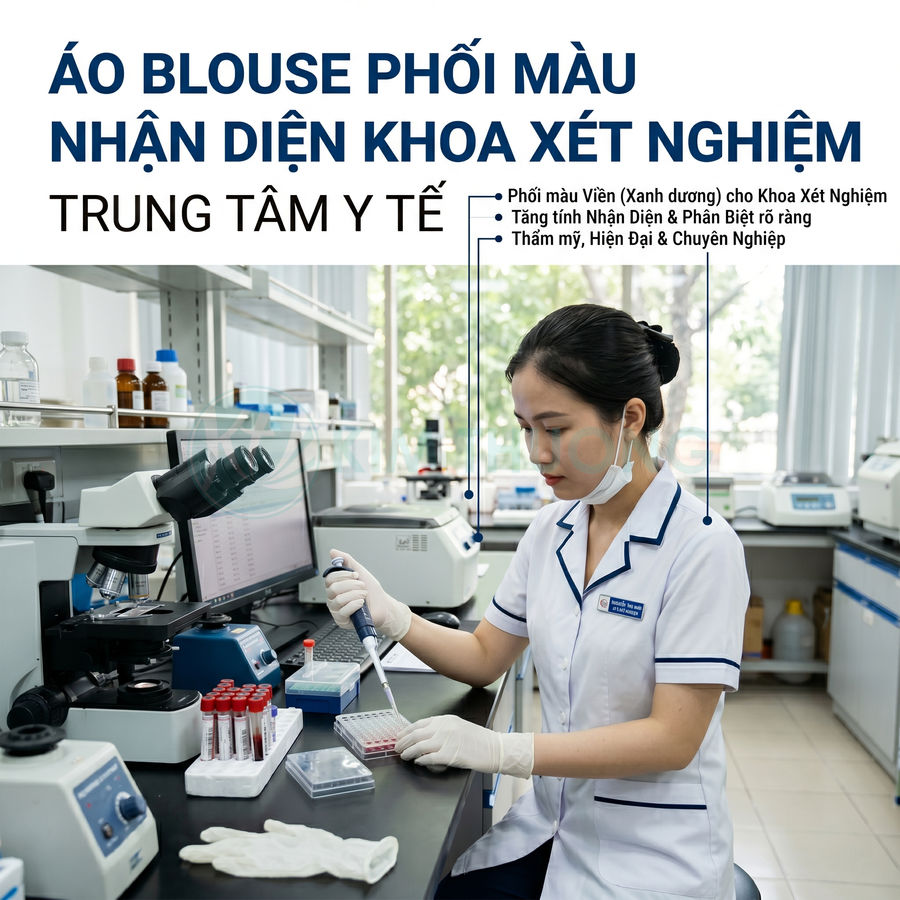 Áo blouse phối viền xanh cho nhân viên xét nghiệm đang làm việc trong phòng thí nghiệm y tế