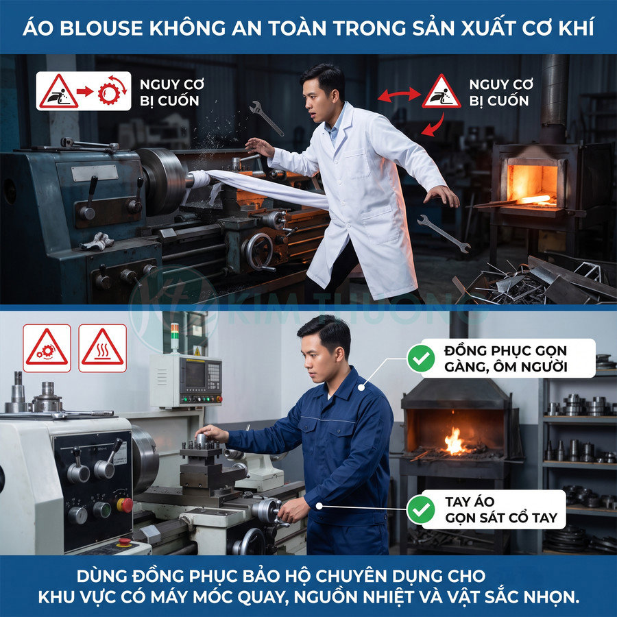 So sánh áo blouse và đồng phục bảo hộ cơ khí gọn gàng khi vận hành máy tiện và làm việc gần lò nung