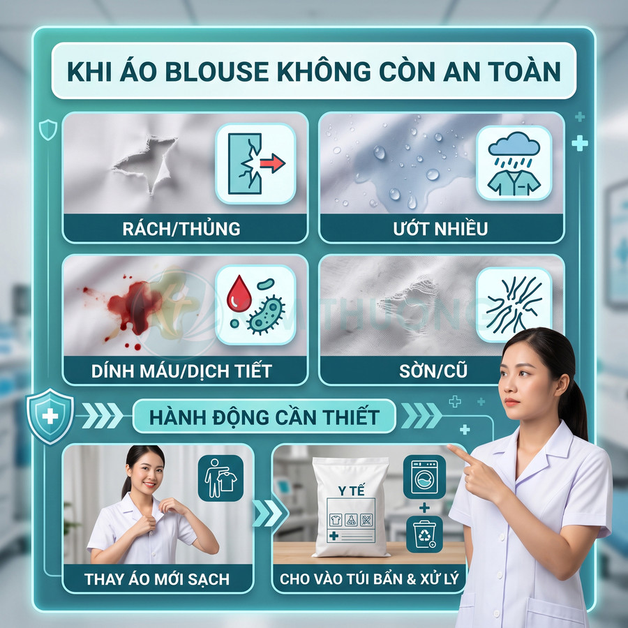 Hướng dẫn thay áo blouse y tế khi áo rách, ướt, dính máu dịch tiết, sờn cũ và cho áo bẩn vào túi xử lý
