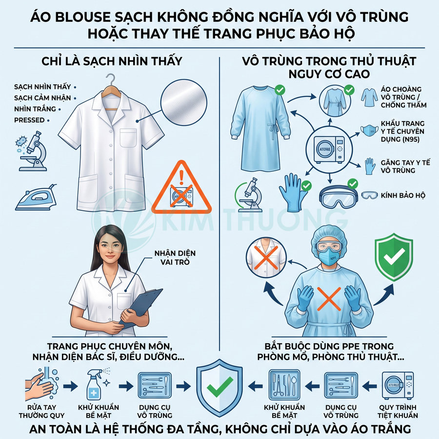 So sánh áo blouse trắng với trang phục bảo hộ vô trùng trong phòng mổ và quy trình an toàn y tế đa tầng