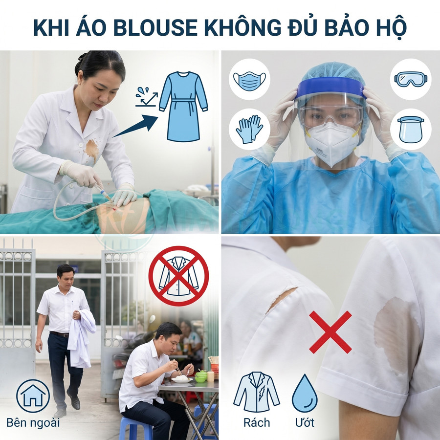 Bác sĩ mặc áo blouse trắng bị bẩn rách so sánh với nhân viên y tế mặc đồ bảo hộ đầy đủ an toàn