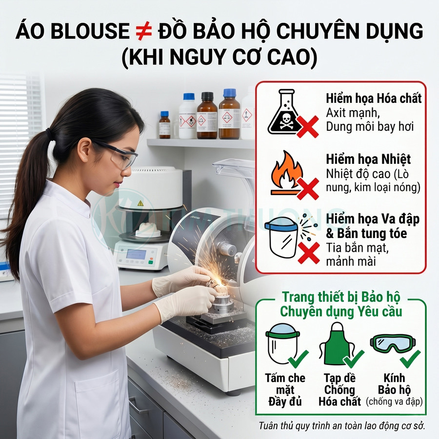 Nhân viên phòng thí nghiệm mài mẫu kim loại, tia lửa bắn ra, xung quanh có cảnh báo nguy cơ hóa chất và yêu cầu đồ bảo hộ