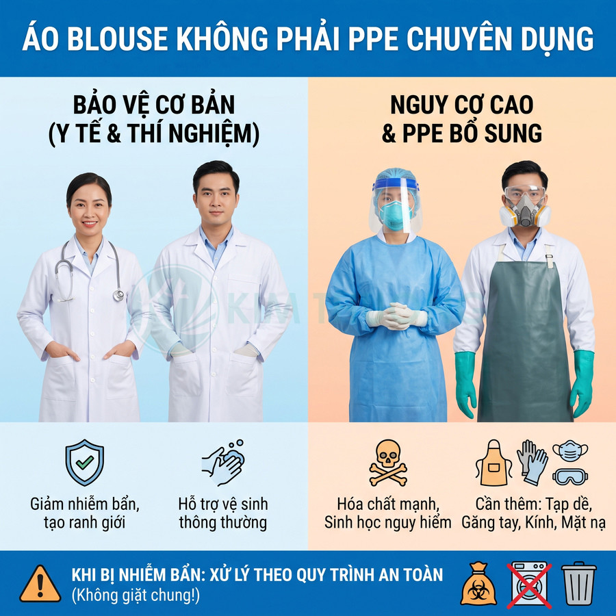 Áo blouse phòng thí nghiệm và trang phục bảo hộ bổ sung như khẩu trang, kính, găng tay, tạp dề và mặt nạ hô hấp