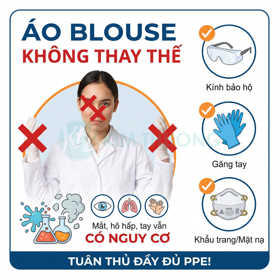 Áo blouse phòng thí nghiệm không thay thế kính bảo hộ, găng tay và khẩu trang hoặc mặt nạ N95