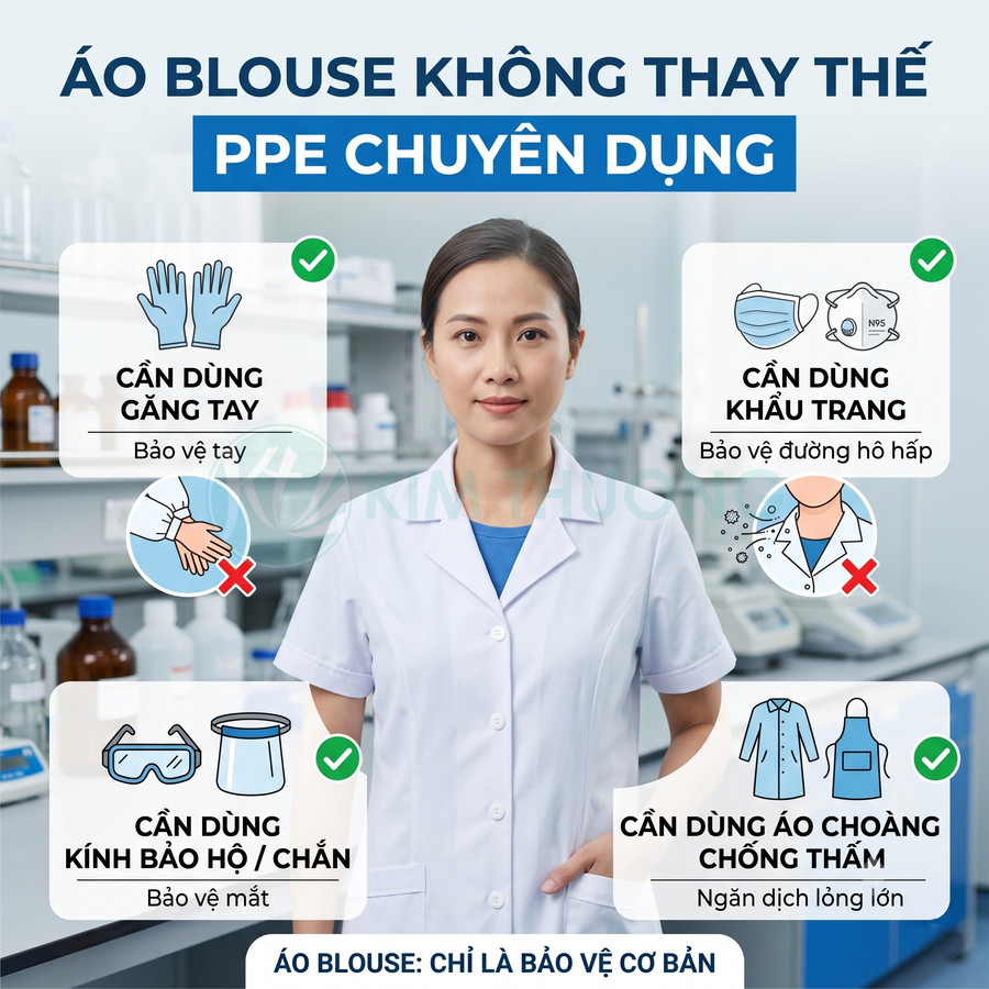 Nhân viên phòng thí nghiệm mặc áo blouse trắng, minh họa cần dùng găng tay, khẩu trang, kính bảo hộ và áo choàng chống thấm