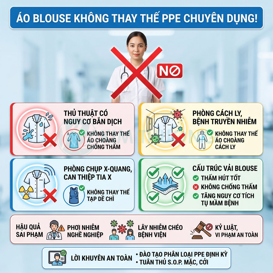 Infographic cảnh báo áo blouse không thay thế đồ bảo hộ PPE chuyên dụng trong môi trường y tế