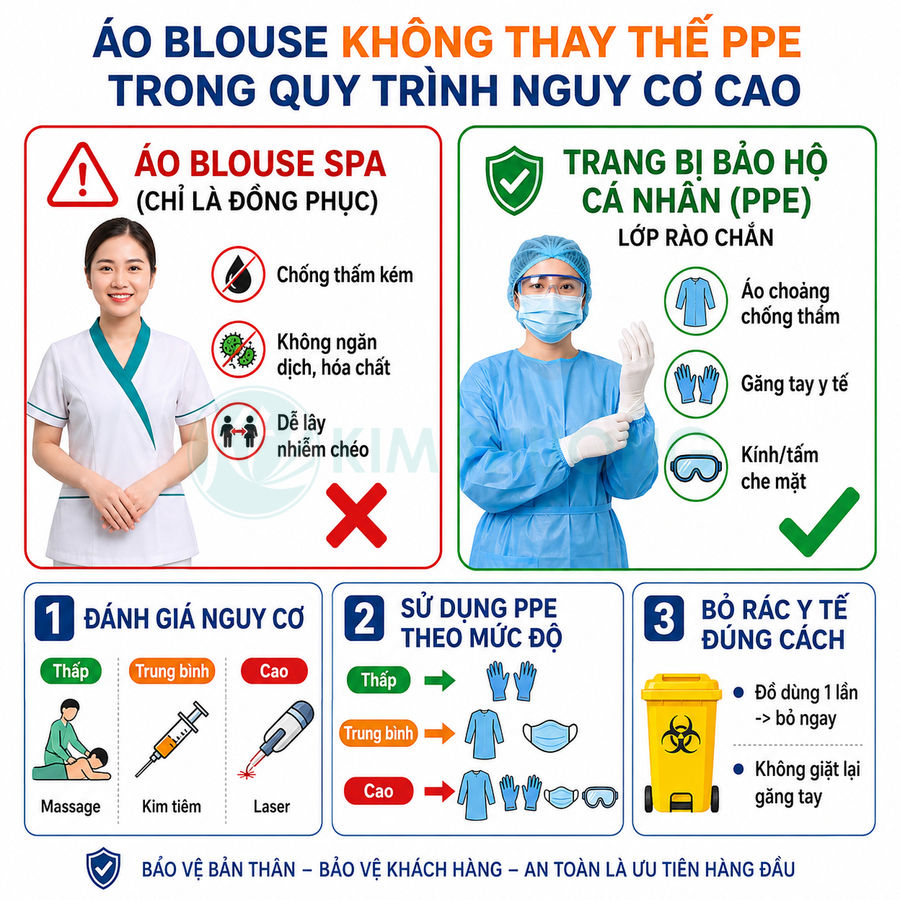 So sánh áo blouse spa và trang bị bảo hộ cá nhân PPE đầy đủ cho nhân viên y tế