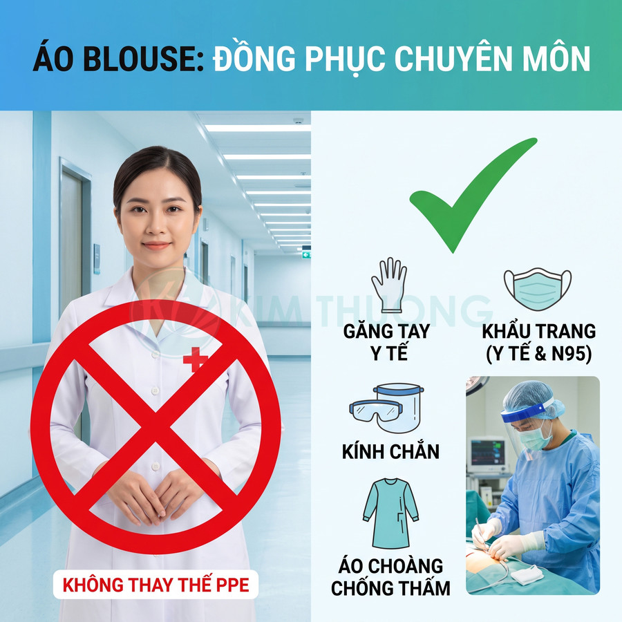 Hình ảnh so sánh áo blouse với trang bị bảo hộ y tế gồm găng tay, khẩu trang, kính chắn và áo choàng chống thấm