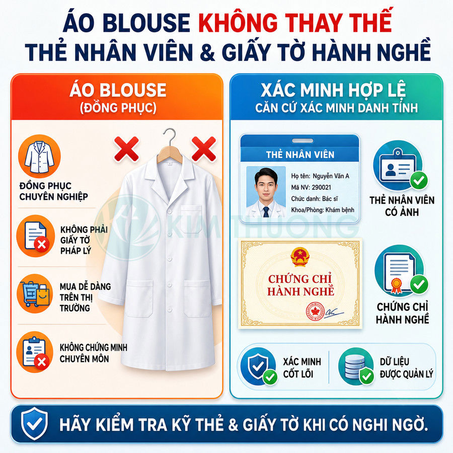 Áo blouse bác sĩ màu trắng treo trên móc, so sánh với thẻ nhân viên và chứng chỉ hành nghề y để xác minh hợp lệ