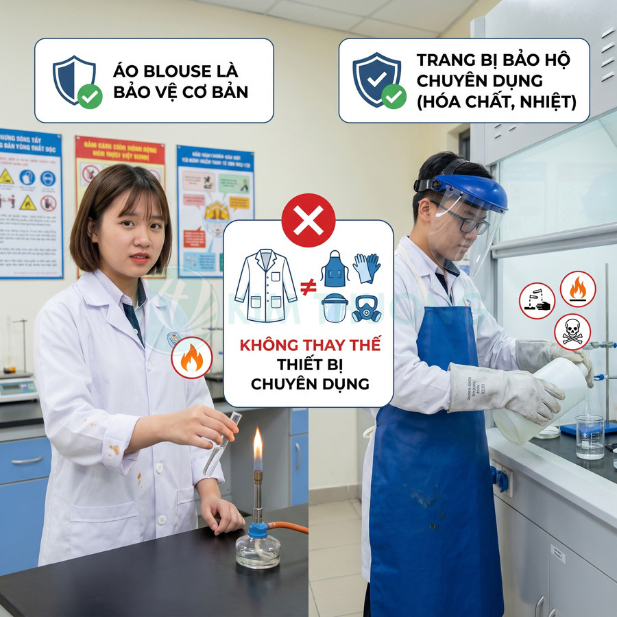 Áo blouse phòng thí nghiệm không thay thế đồ bảo hộ chuyên dụng khi làm việc với hóa chất và nhiệt