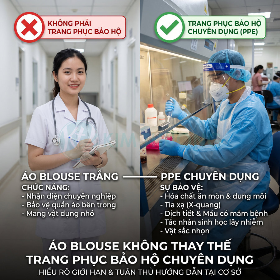 So sánh áo blouse trắng và trang phục bảo hộ y tế PPE chuyên dụng trong phòng thí nghiệm