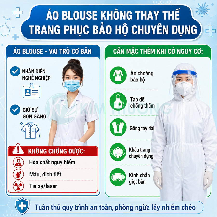 So sánh áo blouse và đồ bảo hộ y tế toàn thân, nhấn mạnh cần mặc thêm khi có nguy cơ lây nhiễm