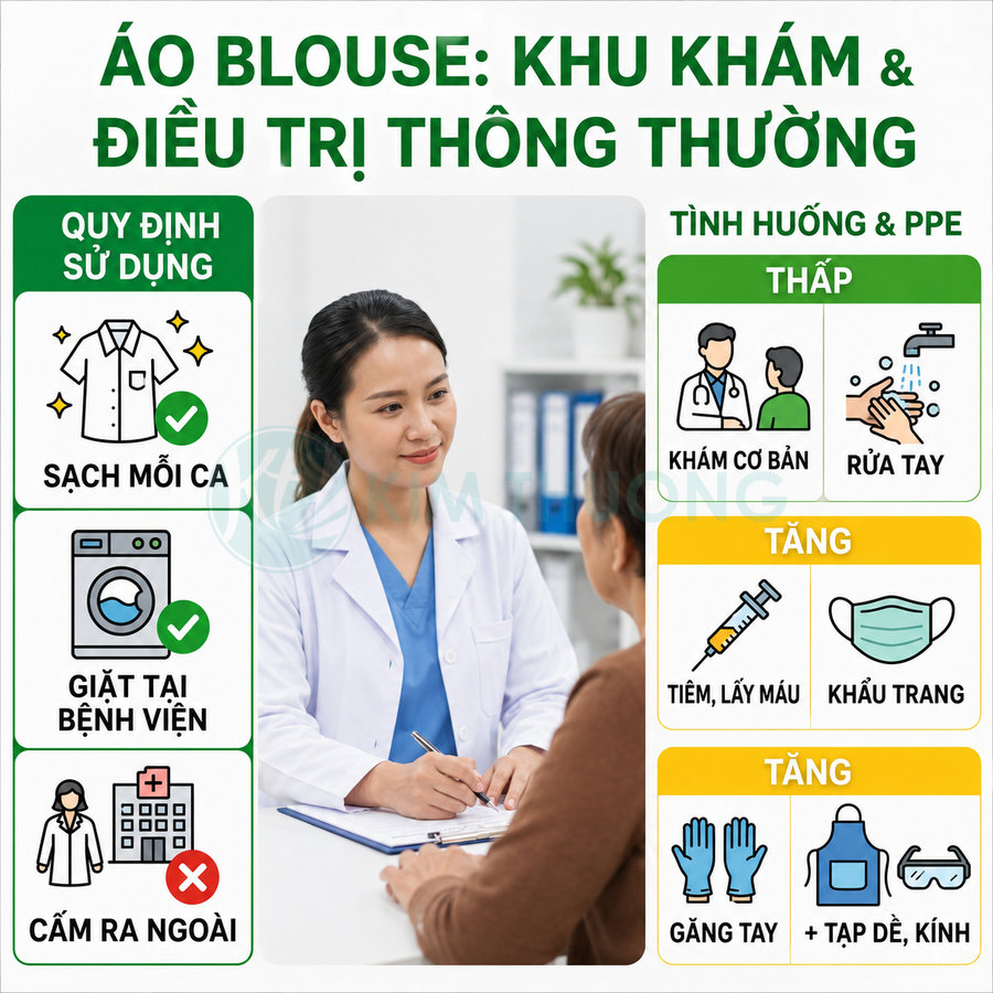 Bác sĩ mặc áo blouse trắng tư vấn cho bệnh nhân, kèm hướng dẫn sử dụng áo blouse và trang bị bảo hộ PPE