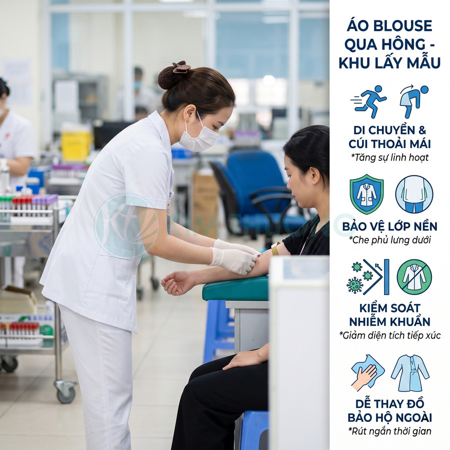 Áo blouse y tế qua hông cho nhân viên lấy mẫu xét nghiệm, thiết kế thoải mái và kiểm soát nhiễm khuẩn trong bệnh viện