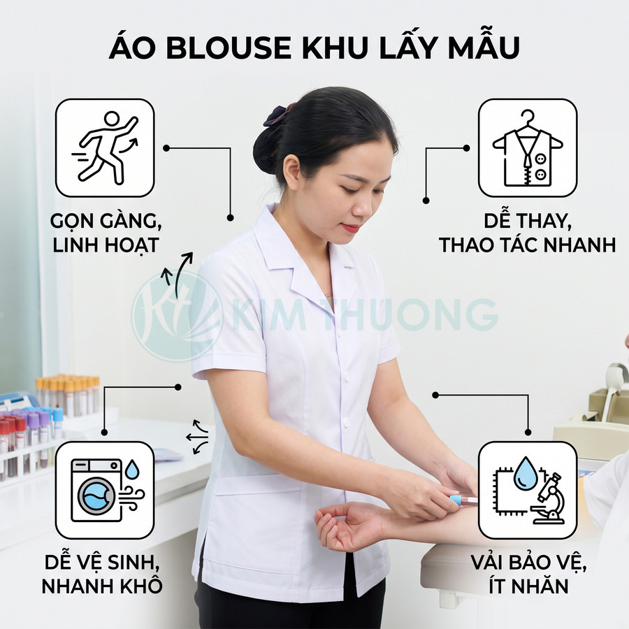 Áo blouse y tá khu lấy mẫu màu trắng Kim Thương gọn gàng linh hoạt khi lấy máu bệnh nhân