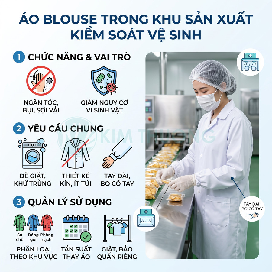 Nhân viên nhà máy thực phẩm mặc áo blouse trắng tay dài bo cổ tay, khẩu trang và găng tay khi đóng gói sản phẩm