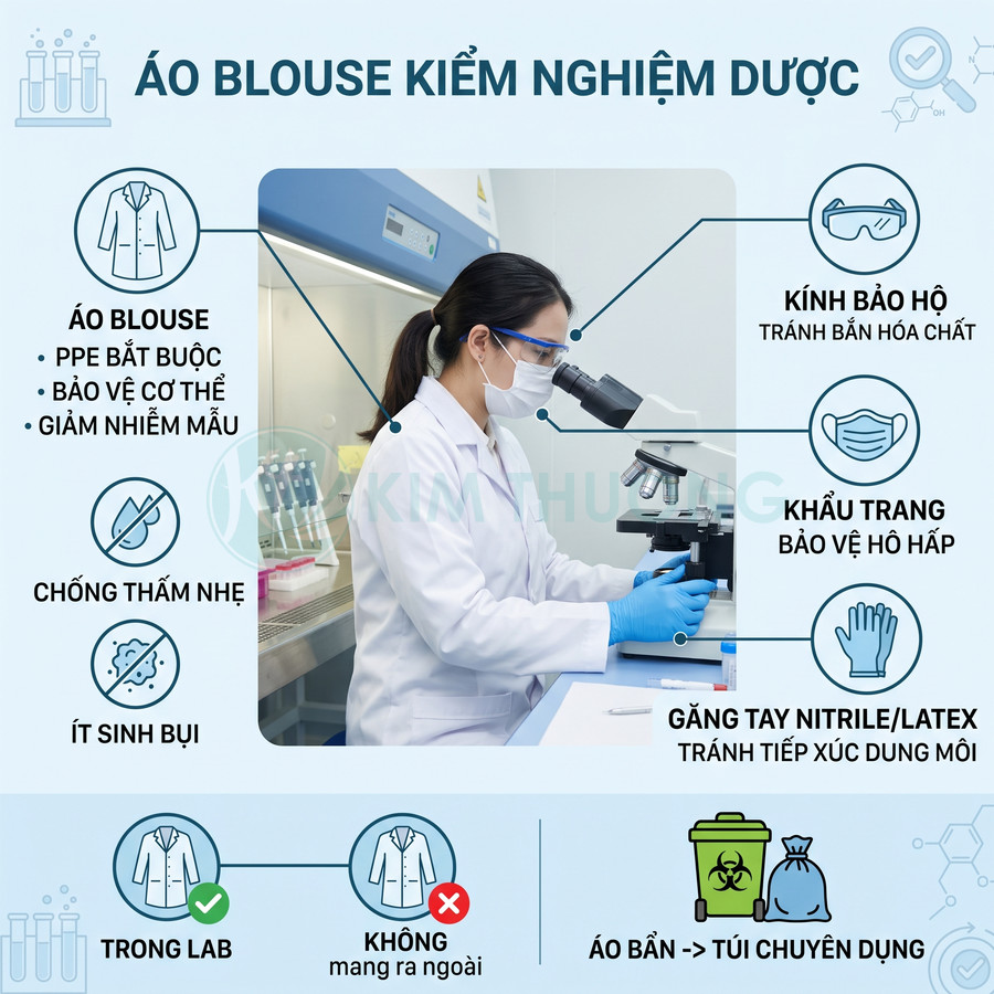 Áo blouse kiểm nghiệm dược cho kỹ thuật viên phòng lab kèm kính bảo hộ, khẩu trang và găng tay nitrile