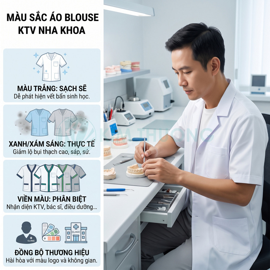 Kỹ thuật viên nha khoa mặc áo blouse trắng ngắn tay đang làm việc với mẫu răng trong phòng khám hiện đại