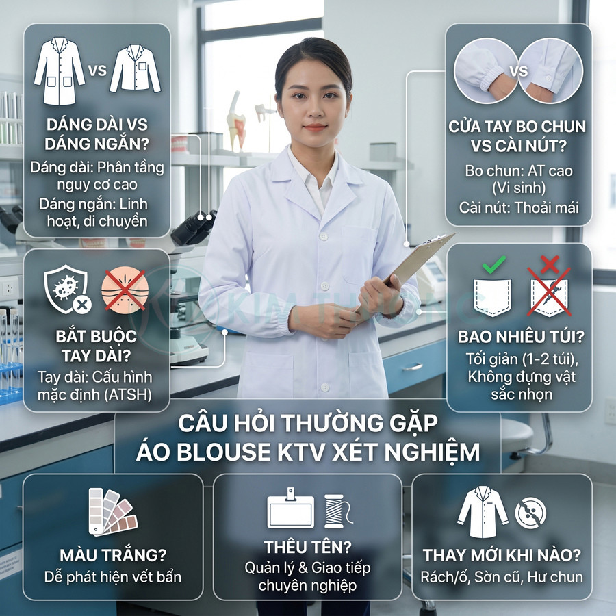 Kỹ thuật viên xét nghiệm mặc áo blouse trắng tay dài trong phòng thí nghiệm y khoa hiện đại