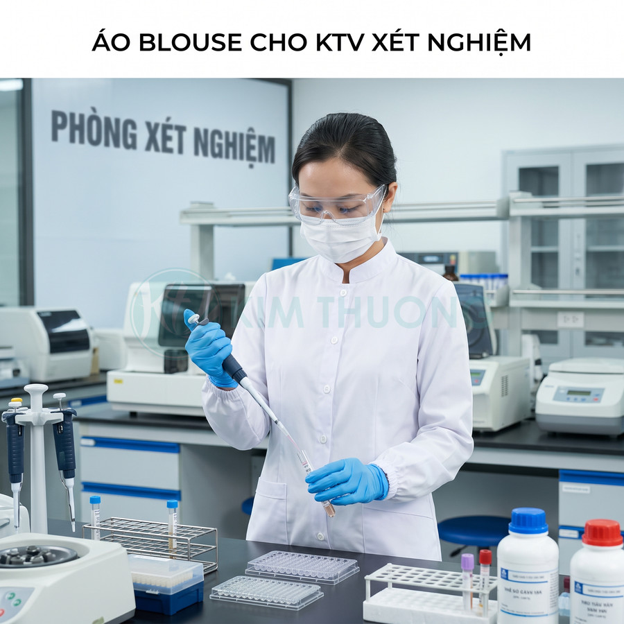 Áo blouse trắng cho kỹ thuật viên xét nghiệm trong phòng lab, kết hợp găng tay và kính bảo hộ