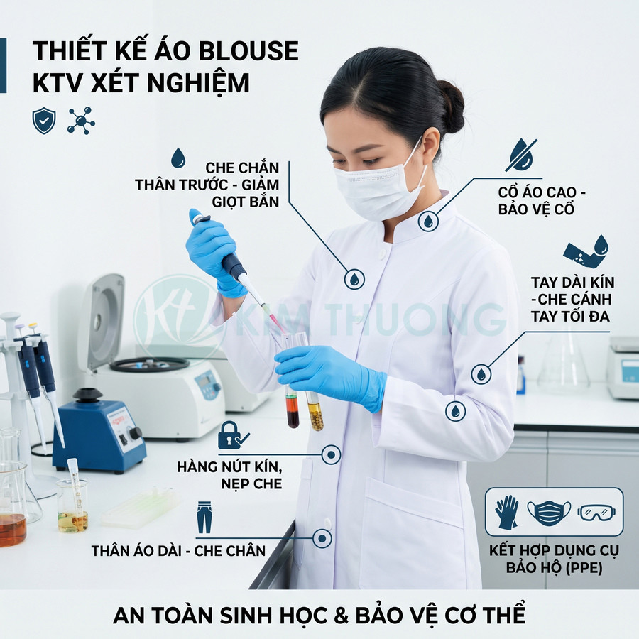 Áo blouse KTV xét nghiệm màu trắng tay dài cổ cao, kỹ thuật viên đeo găng tay khẩu trang thao tác trong phòng lab