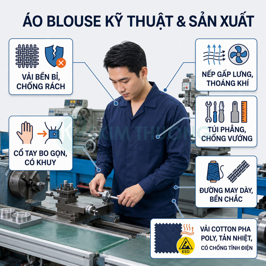Áo blouse kỹ thuật màu xanh đậm cho công nhân xưởng cơ khí, vải bền chống rách, thoáng khí, đường may chắc chắn