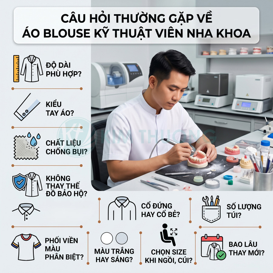 Kỹ thuật viên nha khoa mặc áo blouse trắng cổ đứng đang làm răng giả trong phòng thí nghiệm nha khoa