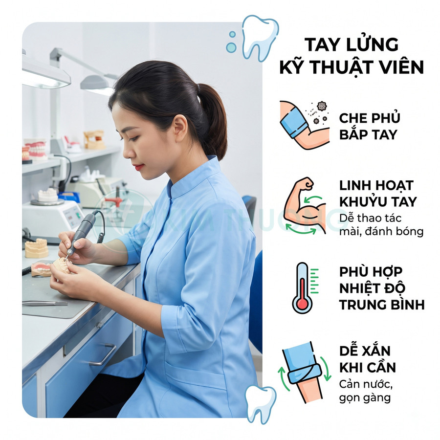 Áo blouse tay lửng cho kỹ thuật viên nha khoa màu xanh, nữ nhân viên đang mài mẫu răng trong phòng lab