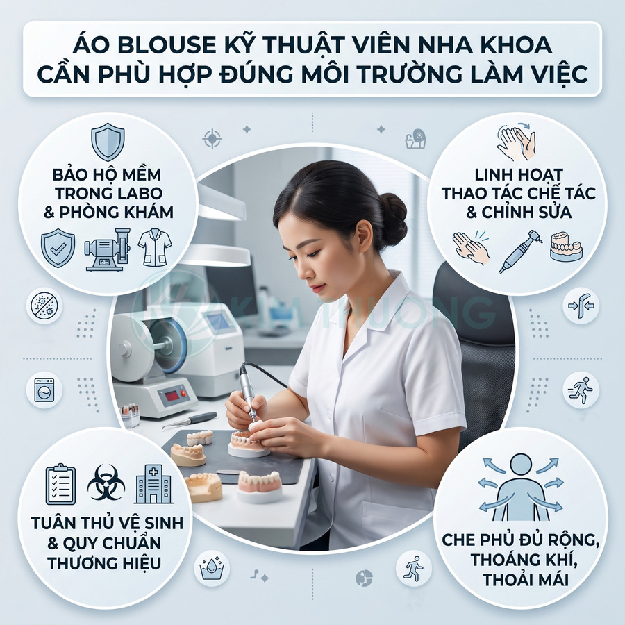 Kỹ thuật viên nha khoa mặc áo blouse trắng đang chế tác răng giả trong phòng labo hiện đại