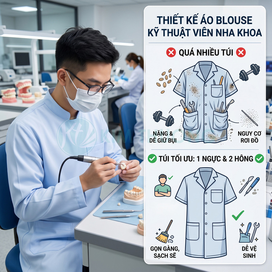 Áo blouse kỹ thuật viên nha khoa màu xanh nhạt thiết kế 1 túi ngực 2 túi hông gọn gàng sạch sẽ trong phòng lab
