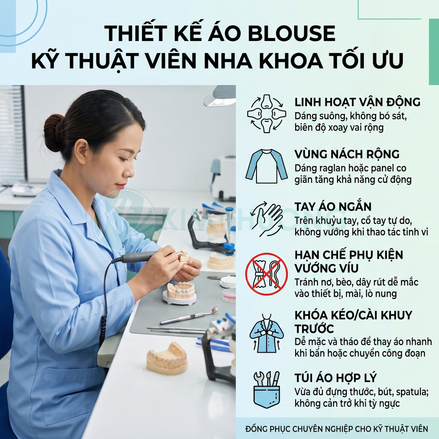 Áo blouse kỹ thuật viên nha khoa màu xanh nhạt, tay áo ngắn, thiết kế rộng rãi linh hoạt khi thao tác trên mẫu răng