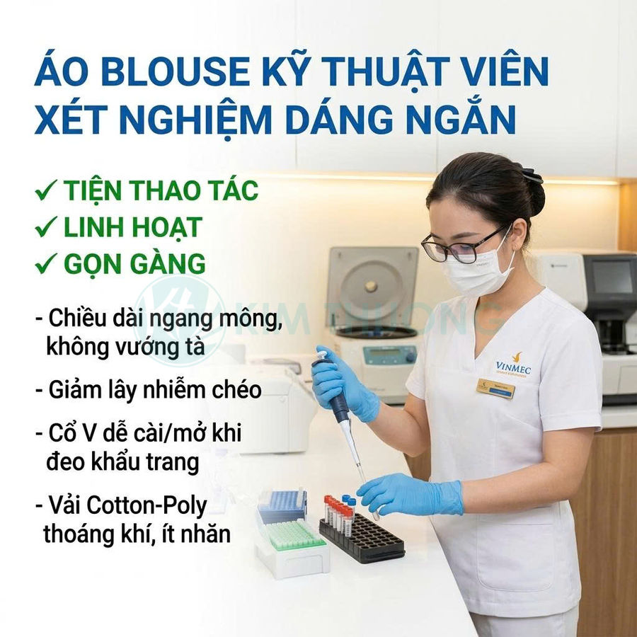 Áo blouse kỹ thuật viên xét nghiệm dáng ngắn Vinmec màu trắng, cổ V, vải cotton poly thoáng khí