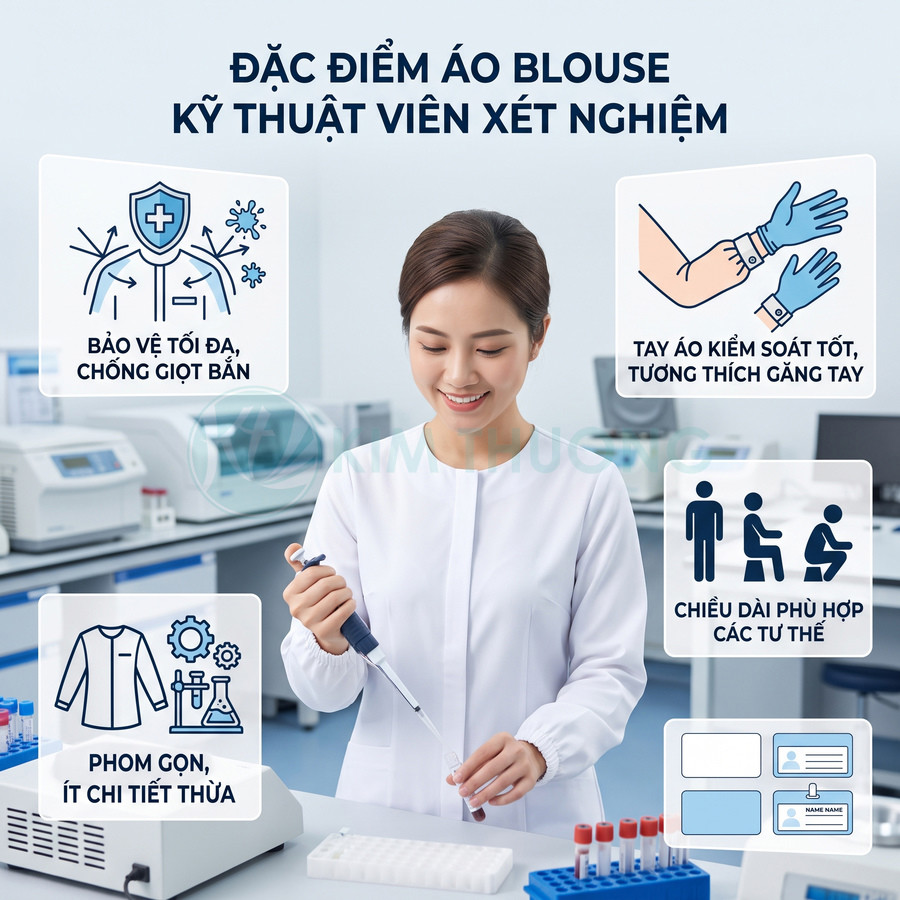 Áo blouse kỹ thuật viên xét nghiệm trắng phom gọn, tay bo kín, bảo vệ chống giọt bắn trong phòng thí nghiệm
