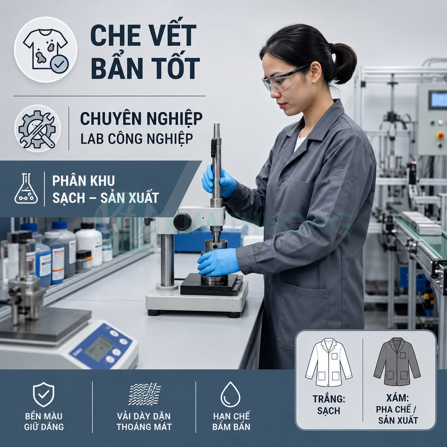 Áo blouse phòng thí nghiệm màu xám cho lab công nghiệp, vải dày thoáng mát, hạn chế bám bẩn, bền màu giữ dáng