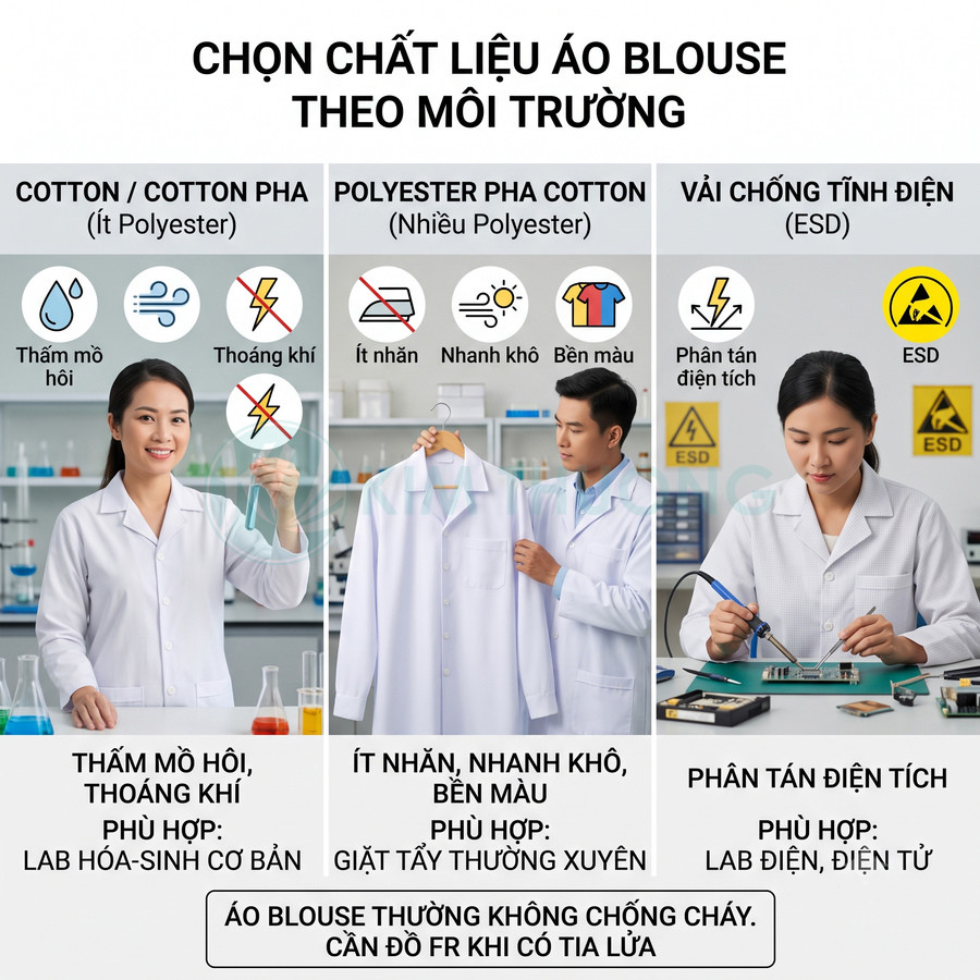 So sánh các loại áo blouse cotton, polyester và vải chống tĩnh điện ESD cho từng môi trường lab