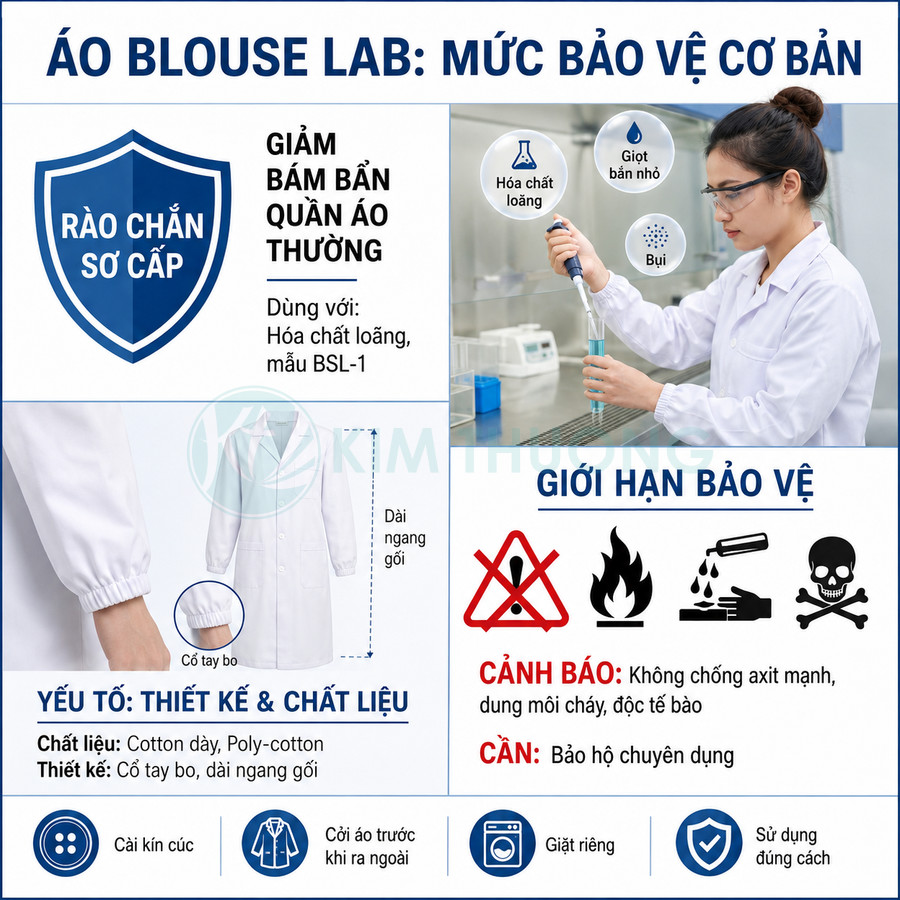 Áo blouse lab trắng tay bo dài ngang gối cho nhân viên phòng thí nghiệm, chất liệu cotton dày polycotton
