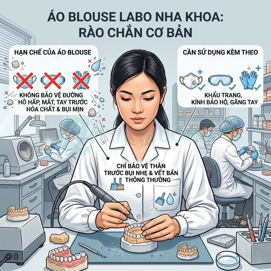 Kỹ thuật viên labo nha khoa mặc áo blouse đang mài mẫu răng giả, xung quanh là dụng cụ và đồng nghiệp trong phòng thí nghiệm