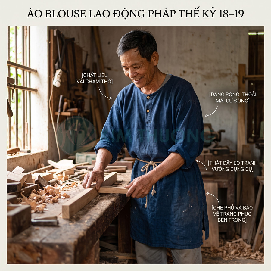 Áo blouse lao động Pháp cổ màu xanh chất liệu vải thô, dáng rộng thắt dây eo cho thợ mộc trong xưởng gỗ