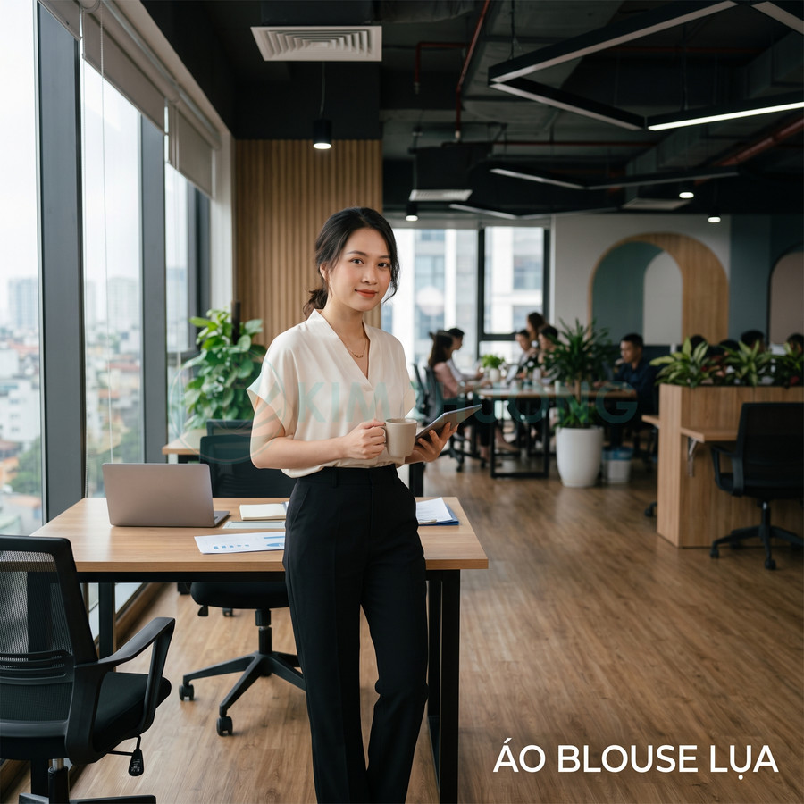 Áo blouse lụa nữ màu kem phối quần tây đen công sở trong văn phòng hiện đại
