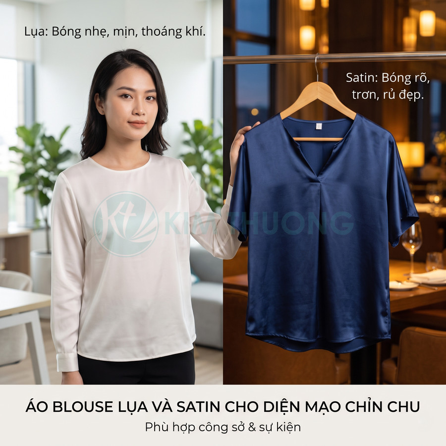 Áo blouse lụa trắng tay dài và áo blouse satin xanh navy treo móc, phong cách công sở chỉnh chu